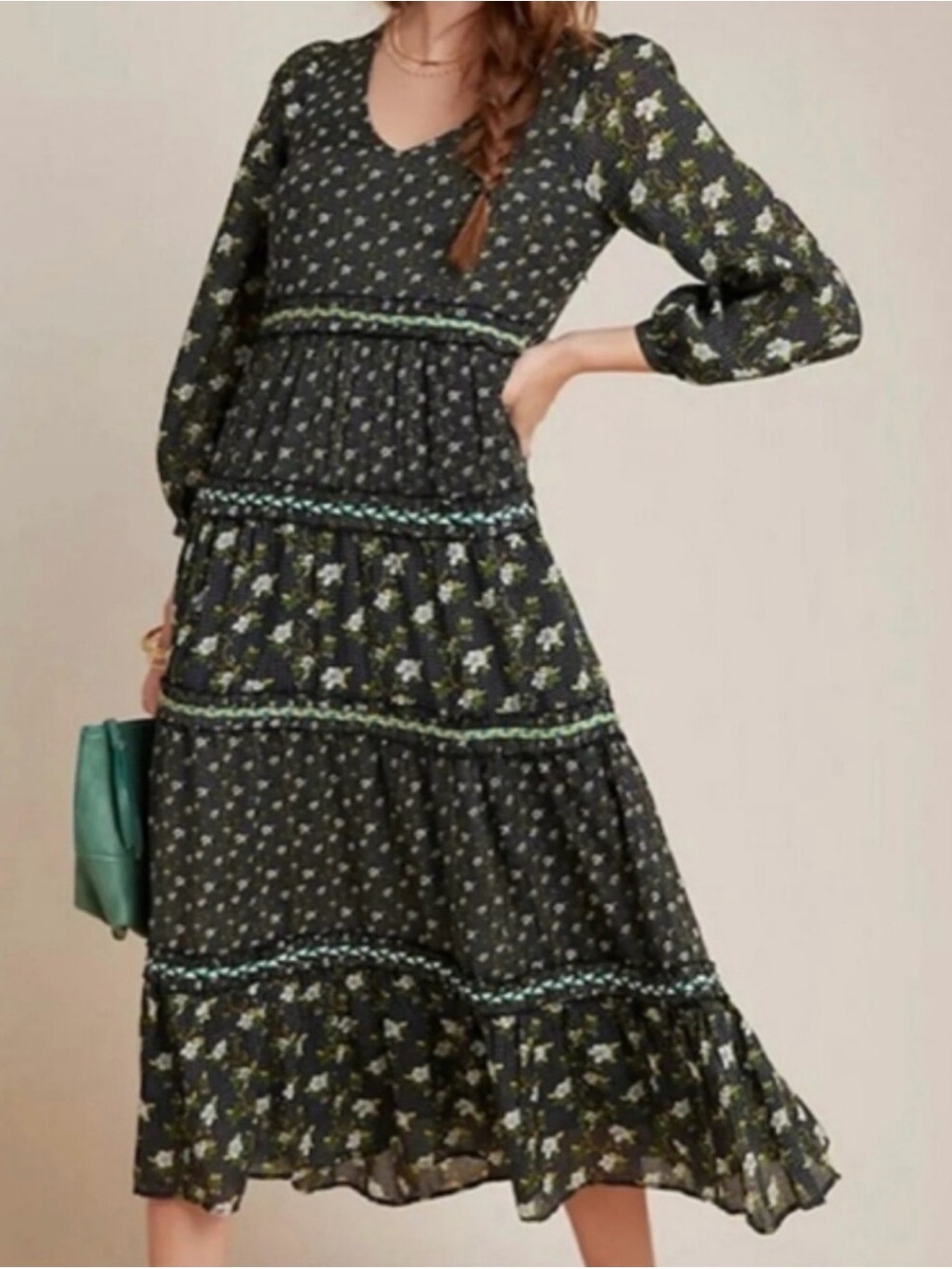 Anthropologie Floral long Sleeve Tiered Midi Dress in Black & Green Size 6 NWT